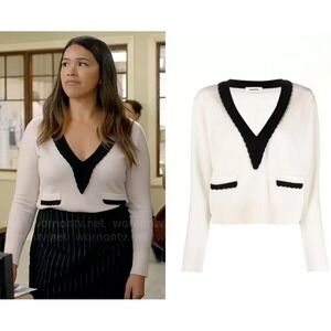 Sandro White V-Neck Sweater with Black Trim